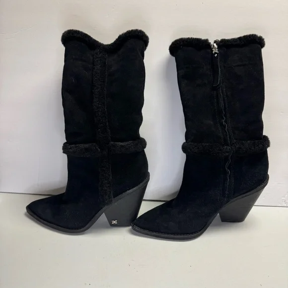 Sam Edelman womens 6.5 mid calf heeled suede, faux fur trim black boots - Picture 1 of 8
